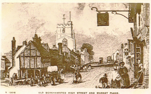 Old Berkhamsted High Street and Market Place showing the One Bell