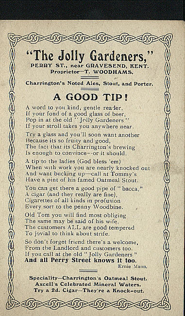 The Jolly Gardeners, Perry Street advertising card - A Good Tip!