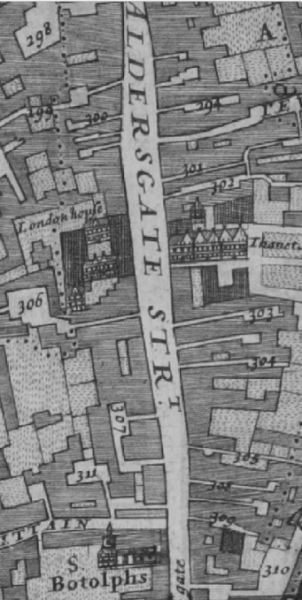 Aldersgate Street in 1682 Morgans map. On East side, from the bottom, are 310 Falcon Inne, 309 Cooks Hall, 308 Stone Court, 305 Ball alley, 304 Deputys Court, 303 Maidenhead Court, 302 Angel alley, 301 Horn alley. On the west side includes the 298 Swan Inne.