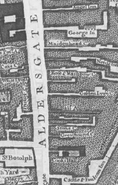 Aldersgate Street in 1746 Rocques map. On East side, from the bottom, are Castle & Falcon Inn, Cooks Hall, Greyhound Court, Stone Court, Ball alley, Golden Lion Court, Rose & Rainbow Court, Nettleton Court, Maidenhead Court, George Inn, Angel Inn. On the west side includes the White Lion Inn.