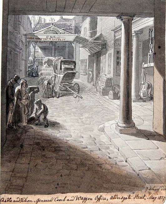 Castle & Falcon Inn, General Coach & Waggon Office Aldersgate Street - in May 1827 drawn by George Scharf