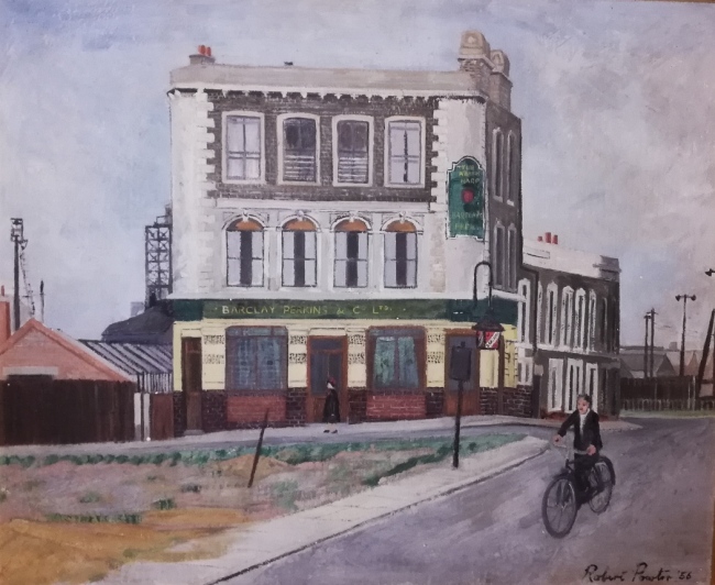 Welsh Harp, 60 Thessaly Road, Battersea East - in 1956, It was painted by my Uncle, Robert Powter. He was an artist and lived in Wandsworth. He painted streets in the local area.