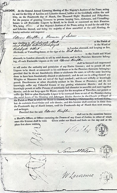 Edward Kempton Victuallers License for the Lord Nelson, Bishopsgate - March 1853