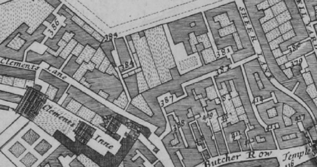 In the Morgans 1682 Map of London lists '385 Plough Inne', Lincolns Inn fields ; '386 Grange Inne' which is near Clements Inn and Lincolns Inn fields and '379 Bell Inne', Bell yard.