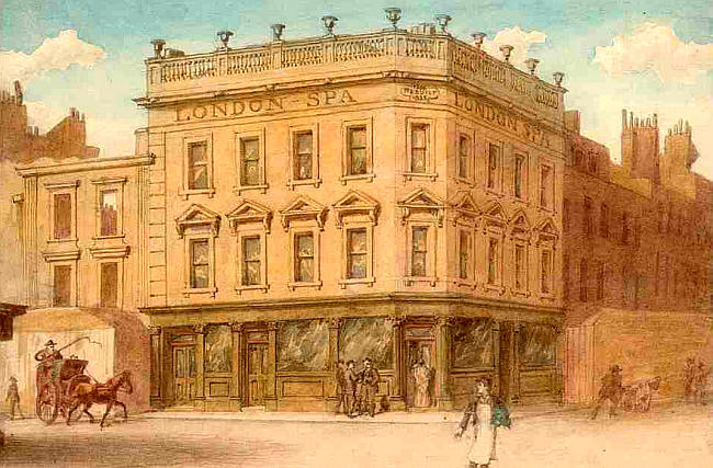 The London Spa, at corner of Exmouth Street (right) and Rosoman Street (left). Watercolour by J. P. Emslie, 1897, shortly before demolition.