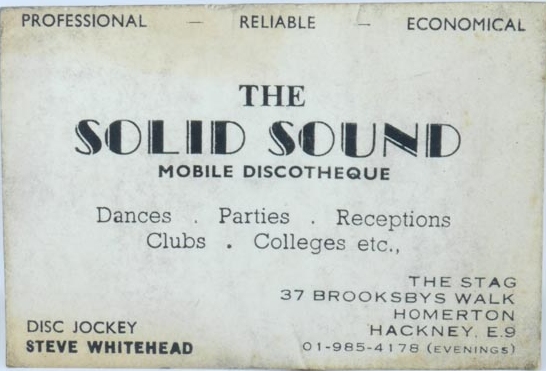 Stag, 37 Brooksbys Walk, Hackney, E9 business card of Steve Whitehead, disc jockey