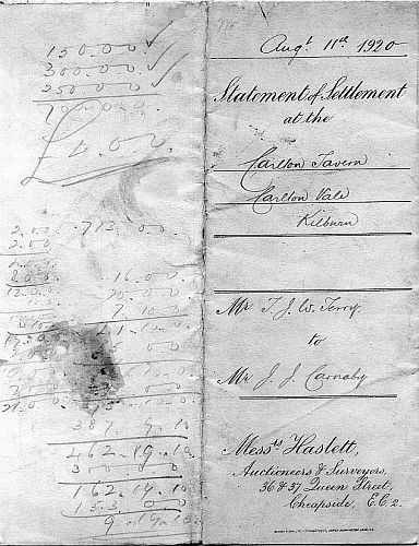 Statement of settlement between Mr T J W Terry and Mrs J J Carnaby - August 11th 1920