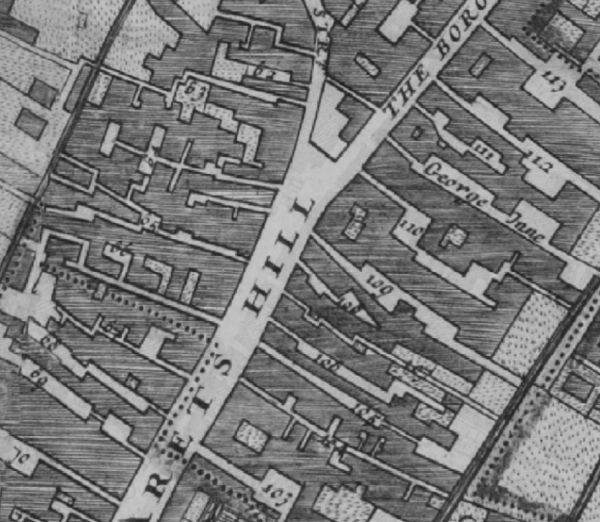 Borough High Street in the Morgans map of 1682. On east side are 113 Kings Head Inne, 112 White Hart Inne, 111 Three Crown court, George Inne, 110 Talbot Inne, 109 Queens head Inne, 108 Cock & hoop alley, 107 Windmill alley, 106 Christopher alley , 105 Spurr Inne. On west sideare 62 Malings yard, 63 Saints alley, 64 Great yard, 65 Fishmongerv alley, 66 Bell yard, 67 Windmill alley, 68 Whitehorse Inne, 69 Greyhound Inne, 70 Maypole alley.