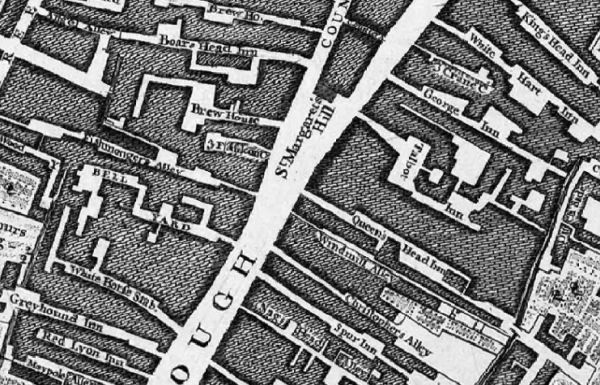Borough High Street in 1746. On east side are Kings Head Inn, White Hart Inn, Three Crown court, George Inn, Talbot Inn, Queens Head Inn, Windmill alley, Christopher alley, Spur Inn, Nags Head alley. On west sideare Boars Head Inn, Brewhouse, Fishmongers alley, Bell Yard, White Horse stables, Greyhound Inn, Red Lyon Inn, Maypole alley.