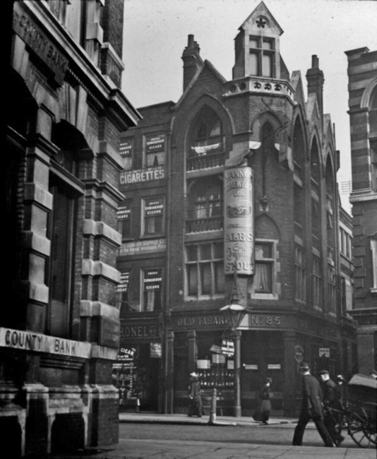 The Old Tabard, 85 Borough High Street at the corner of Talbot Yard. The pub was built after The Talbot Inn was demolished in 1873.