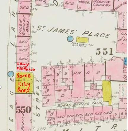Mapping of St James place showing the City Arms and Sams coffee house