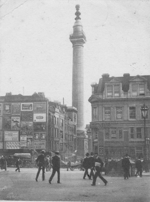 In c1900, a similar view of the Monument, with the rebuilt pub on the right hand side of Fish St Hill.