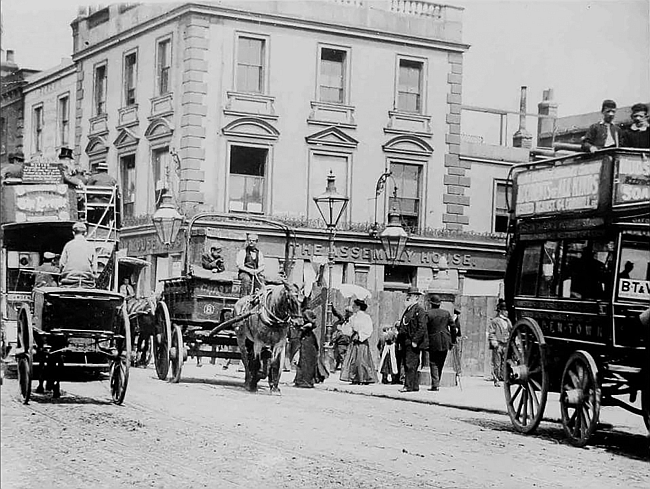 Assembly House, Kentish Town road circa 1896. The building is boarded up prior to demolition