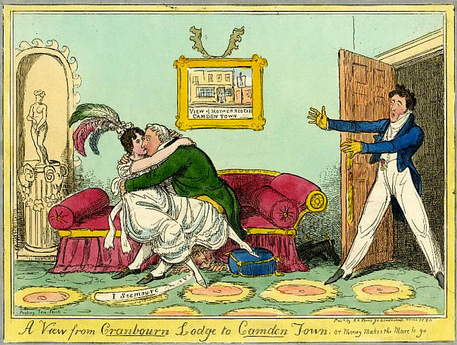 Cartoon caption of 1820 showing the Mother Red Cap on picture on the wall