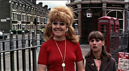 The colour photo is a still from the film Smashing Time, in the background The Mansfield Tavern/Hotel circa 1968