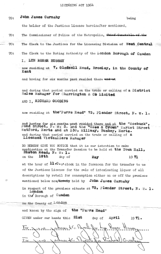 Parrs Head transfer in May 1971 to Richard Gooding and Lyn Roger Hussey