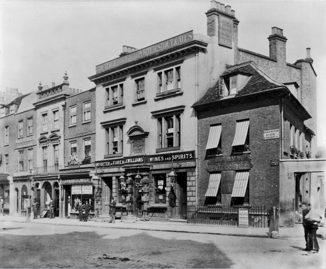 Kings Arms, 2 Kensington High Street circa 1890 shortly before it's demolition. The landlord is J Williams.