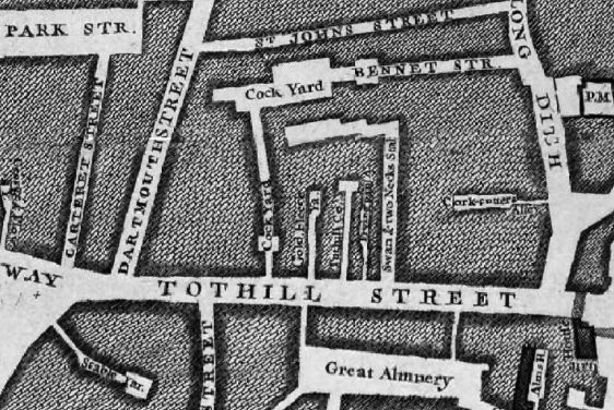 In the John Rocques 1746 Map of London in Tothill street are marked the Cock Yard and the Swan and Two Necks Stables.
