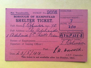 E Robinson, aged 70, The Adelaide, 1 Adelaide road, Chalk Farm - Air Raid shelter Ticket in 1944