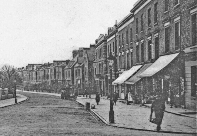 Boundary Road and the corner of Loudon Road, circa 1900. Halfway along, between the houses and the shops is the Prince Arthur at number 36 on the corner of Boundary Mews.