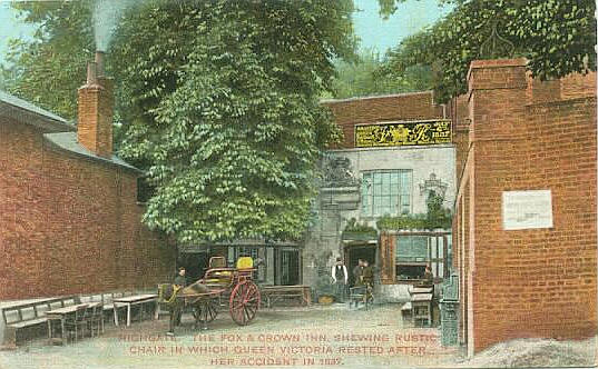 Highgate, The Fox & Crown Inn Showing rustic chair in which Queen Victoria rested after her accident in 1837
