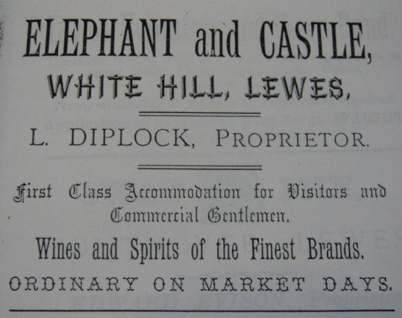 Elephant & Castle, Lewes - 1883 Advertisement listing L Diplock